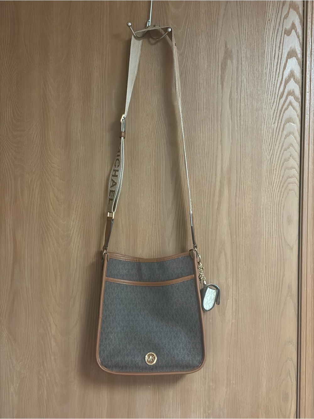 Michael Kors Brown Monogram Crossbody with Tan Trim